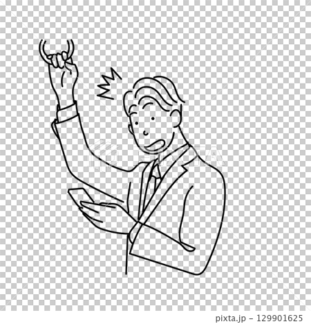 イラスト素材: スマホに驚く通勤中のビジネスマンの線画ベクター イラスト素材: スマホに驚く通勤中のビジネスマンの線画ベクター 129901625