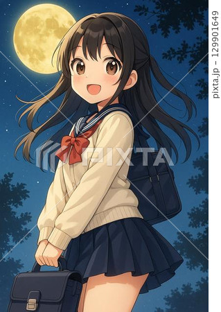 月夜を見上げる女子高生 129901649