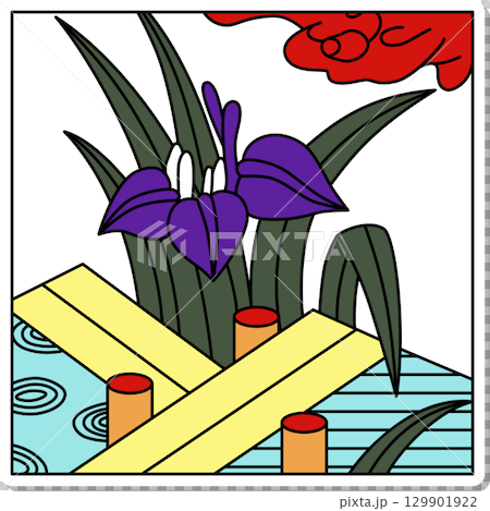 方形花札貼紙 - 鳶尾花、八橋花、鳶尾花、五月花、鳶尾花和八橋花 129901922