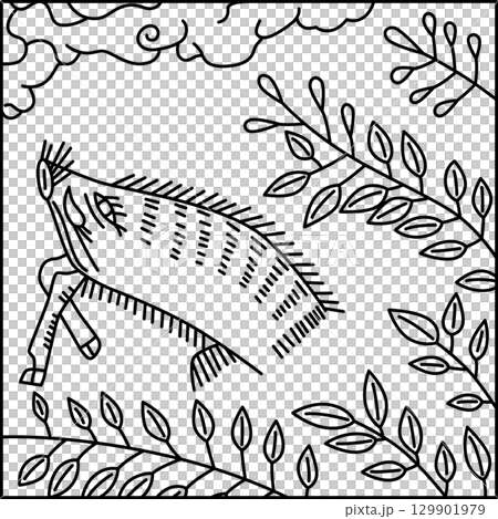 Line drawing square Hanafuda card, July, bush clover, boar, July, bush clover and boar 129901979