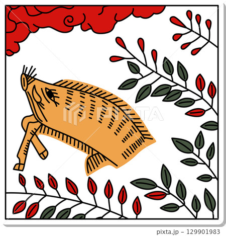 ステッカー正方形花札　文月　萩　猪　7月　萩に猪 129901983