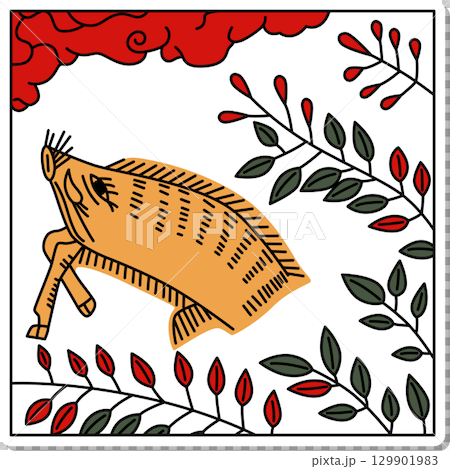 ステッカー正方形花札　文月　萩　猪　7月　萩に猪 129901983