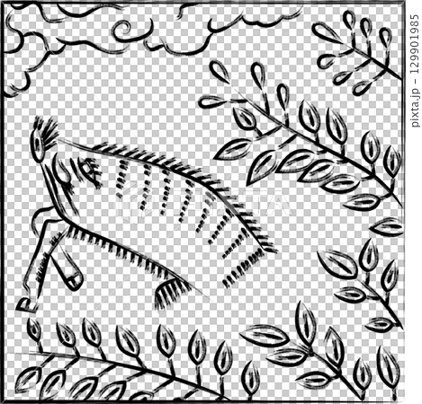 方形花紮，筆觸為七月、胡枝子、野豬，七月、胡枝子和野豬 129901985