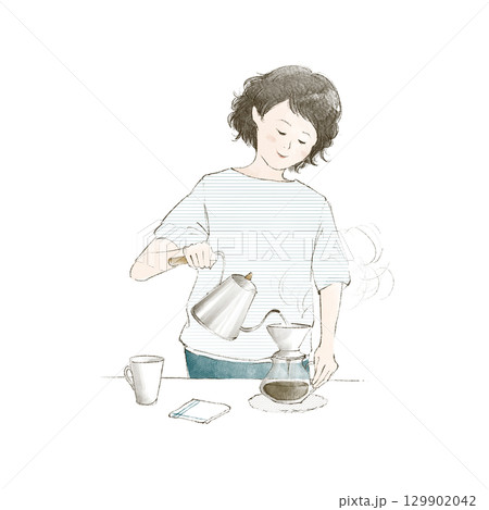 コーヒーを淹れる女性 129902042