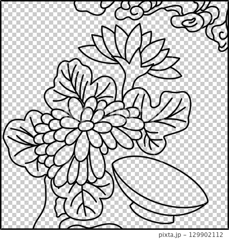 Line drawing square Hanafuda card Nagatsuki chrysanthemum sake cup September chrysanthemum sake cup 129902112