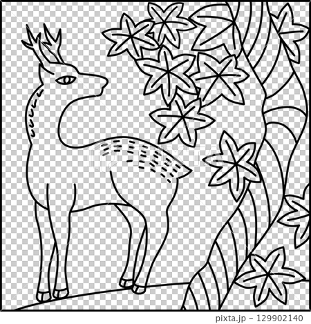 Line drawing square Hanafuda card Kannazuki Autumn leaves Deer October Autumn leaves and deer 129902140