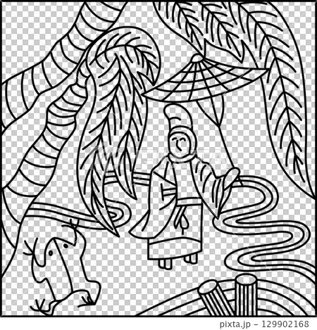 線描方形 Hanafuda 卡 - 下月、栃木、十一月、小野道風、栃木和小野道風 129902168