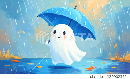 Little Ghost Holding an Umbrella in the Rain Little Ghost Holding an Umbrella in the Rain 129902352