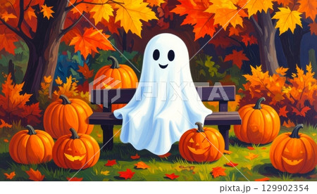 Little Ghost Sitting on a Bench with a Pumpkin Little Ghost Sitting on a Bench with a Pumpkin 129902354
