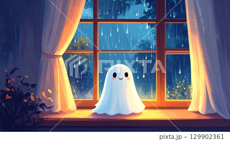 Little Ghost Watching the Rain from the Window at Night 129902361