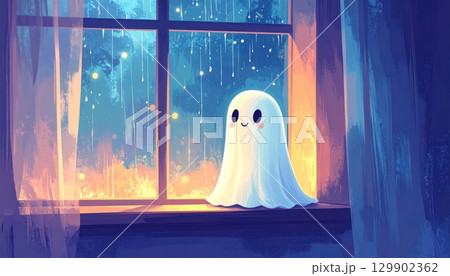 Little Ghost Watching the Rain from the Window at Night Little Ghost Watching the Rain from the Window at Night 129902362