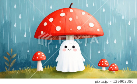 Cute little ghost hiding from the rain under a red mushroom, soft raindrops falling, cozy and whimsical atmosphere Cute little ghost hiding from the rain under a red mushroom, soft raindrops falling, cozy and whimsical atmosphere 129902380