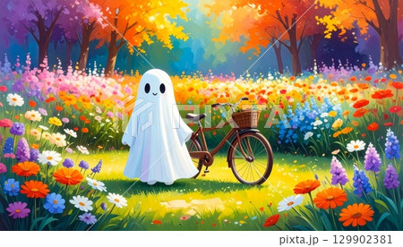 Little Ghost and Bicycle in the Flower Garden Little Ghost and Bicycle in the Flower Garden 129902381