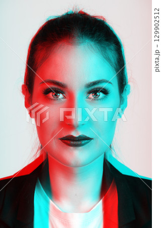 Close-up beautiful woman studio portrait in rgb color split effect style 129902512