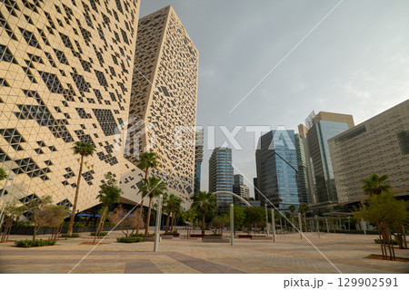 Geometric Facade of Modern Building in King Abdullah Financial District, Riyadh 129902591