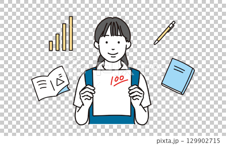 100点のテストを喜ぶ小学生の女の子のイラスト素材 129902715