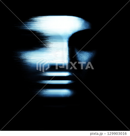 Abstract woman face silhouette portrait in blue neon futuristic glitch hologram effect 129903016