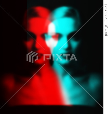 Abstract blurred and noisy woman silhouette portrait in RGB color split effect style 129903021