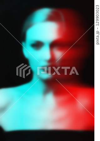 Abstract blurred and noisy woman silhouette portrait in RGB color split effect style 129903023