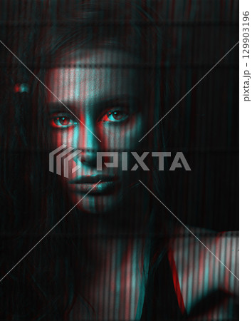 Beautiful woman portrait with dreadlocks in RGB color split effect style Beautiful woman portrait with dreadlocks in RGB color split effect style 129903196