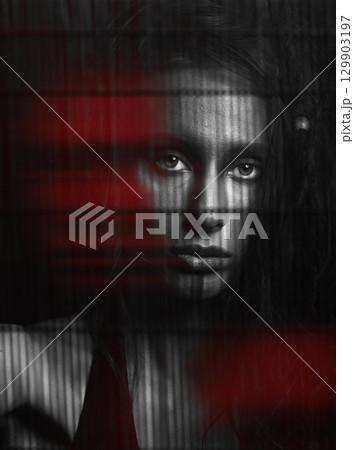 Beautiful woman portrait with dreadlocks in RGB color split effect style 129903197