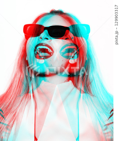 Beautiful woman close-up studio portrait with sunglasses make joyful facial expression in RGB color split effect style Beautiful woman close-up studio portrait with sunglasses make joyful facial expression in RGB color split effect style 129903317