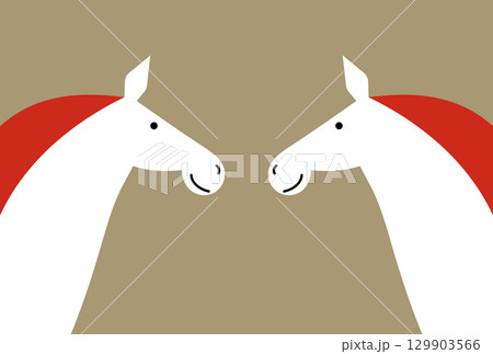 向かい合わせの2頭の馬の顔のミニマルなイラスト　午年用年賀状素材　和モダン 129903566
