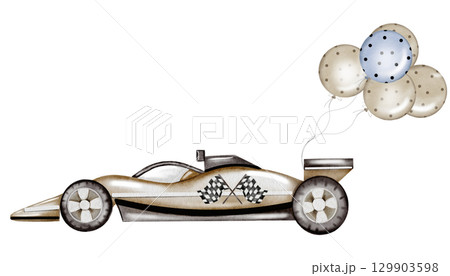 Race car watercolor illustration. Race car in pastel colors with balloons on a white background. Ideal for children's textiles, stickers and baby shower design for boys 129903598