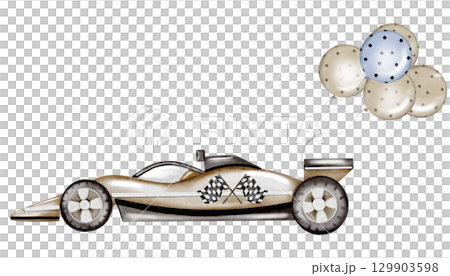 Race car watercolor illustration. Race car in pastel colors with balloons on a white background. Ideal for children's textiles, stickers and baby shower design for boys 129903598