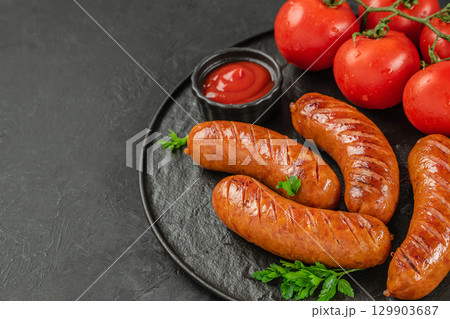 Grilled sausages with fresh tomatoes, parsley, and ketchup on black serving plate. top view. copy space 129903687