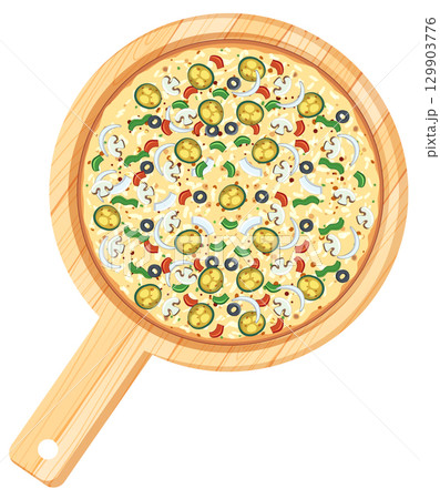 Vegetarian Pizza on Wooden Paddle Top View Illustration Vegetarian Pizza on Wooden Paddle Top View Illustration 129903776