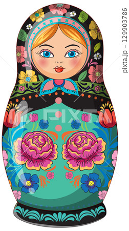 Traditional Russian Matryoshka Doll with Floral Patterns 129903786