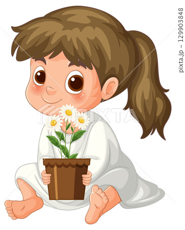 Smiling Girl Sitting With Potted Daisies Smiling Girl Sitting With Potted Daisies 129903848