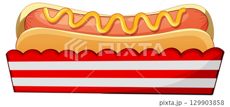 Hot Dog with Mustard in Striped Paper Tray 129903858