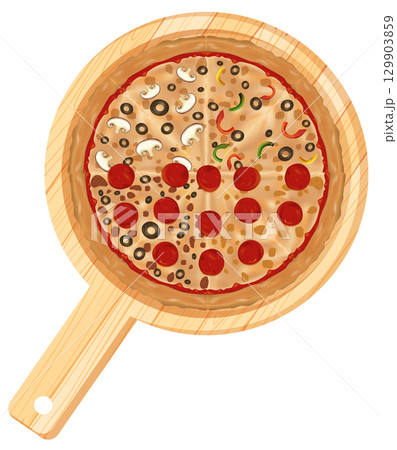 Top View of Mixed Topping Pizza on Wooden Board 129903859