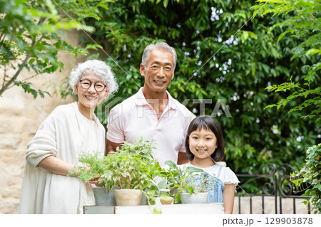 ガーデニングをするシニア夫婦と子供 129903878