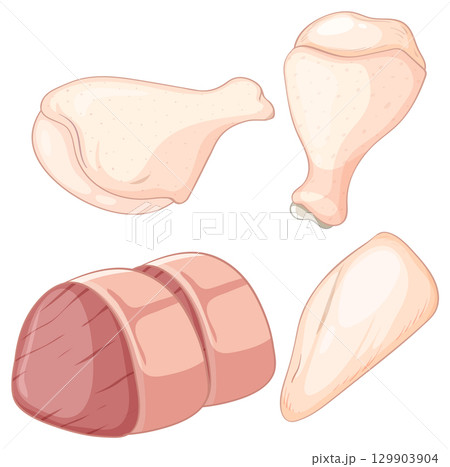 Raw Chicken and Beef Cuts Vector Illustration 129903904