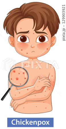 Sad Child With Chickenpox Rash and Magnifying Glass 129903921