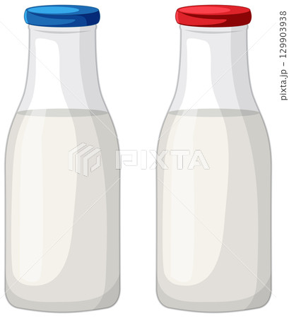 Two Glass Milk Bottles with Colored Caps 129903938