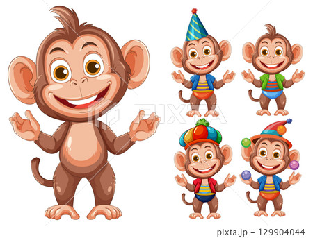 Cartoon Monkey Characters in Festive Outfits and Poses Cartoon Monkey Characters in Festive Outfits and Poses 129904044