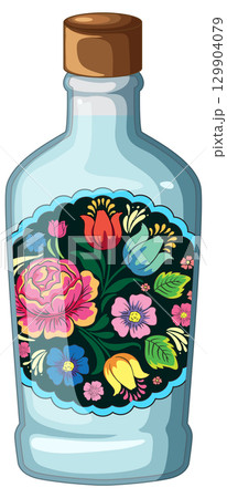 Glass Bottle with Colorful Floral Folk Art Design 129904079