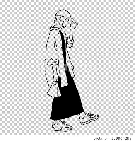 帽子のつばを押さえて歩く女性の線画イラスト 帽子のつばを押さえて歩く女性の線画イラスト 129904295