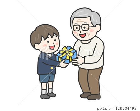 敬老の日に、祖父にプレゼントを渡す、制服を着た男の子のイラスト｜敬老の日 129904495