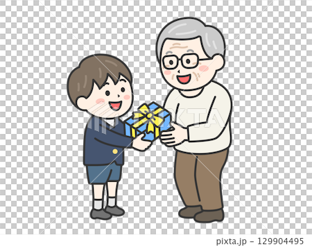 Illustration of a boy in a uniform giving a present to his grandfather on Respect for the Aged Day | Respect for the Aged Day 129904495