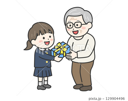 敬老の日に、祖父にプレゼントを渡す、制服を着た女の子のイラスト｜敬老の日 129904496