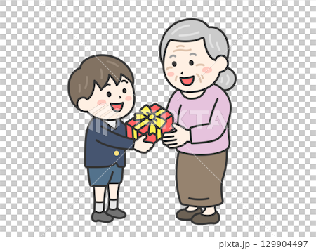 敬老日，身穿制服的男孩送給祖母禮物的插圖 | 敬老日 129904497