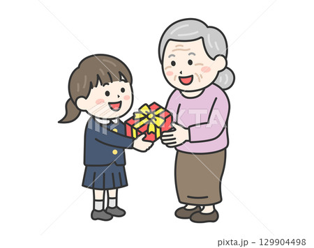 敬老の日に、祖母にプレゼントを渡す、制服を着た女の子のイラスト｜敬老の日 129904498