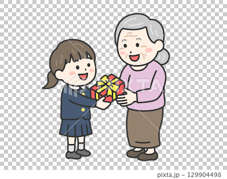 敬老の日に、祖母にプレゼントを渡す、制服を着た女の子のイラスト｜敬老の日 129904498