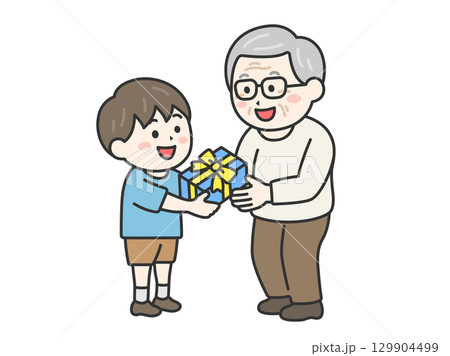 敬老の日に、祖父にプレゼントを渡す、男の子のイラスト｜敬老の日 129904499
