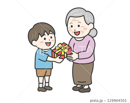 敬老の日に、祖母にプレゼントを渡す、男の子のイラスト｜敬老の日 129904501